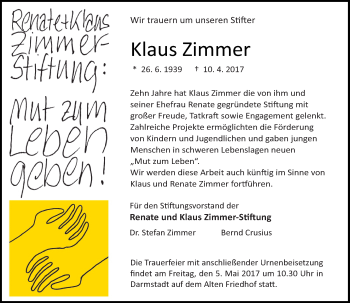 Traueranzeige von Klaus Zimmer von Trauerportal Echo Online