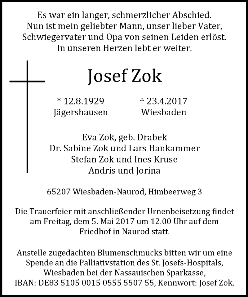  Traueranzeige für Josef Zok vom 29.04.2017 aus Trauerportal Rhein Main Presse