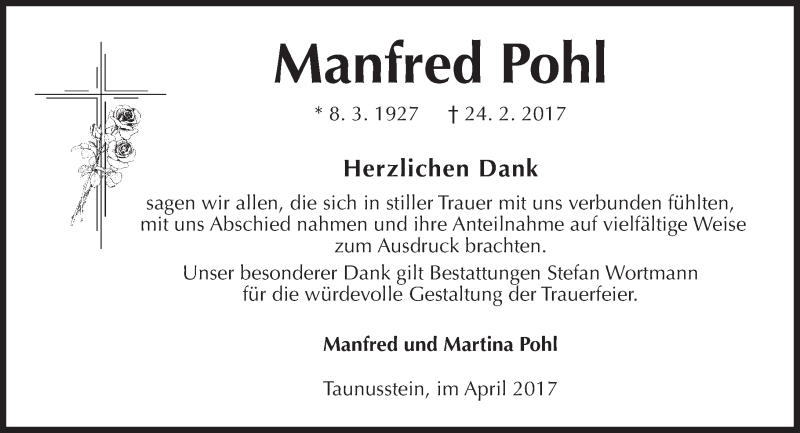  Traueranzeige für Manfred Pohl vom 08.04.2017 aus Trauerportal Rhein Main Presse