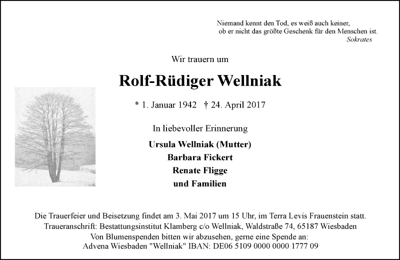 Traueranzeige für Rolf-Rüdiger Wellniak vom 29.04.2017 aus Trauerportal Rhein Main Presse