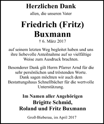 Traueranzeige von Friedrich Buxmann von Trauerportal Echo Online