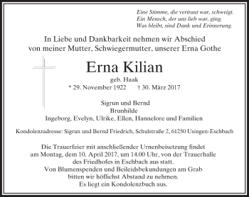 Traueranzeige von Erna Kilian von  Usinger Anzeiger