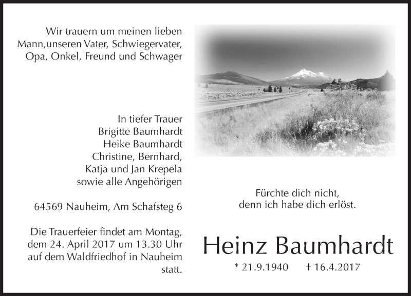  Traueranzeige für Heinz Baumhardt vom 20.04.2017 aus Trauerportal Rhein Main Presse