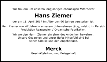 Traueranzeige von Hans Ziemer von Trauerportal Echo Online