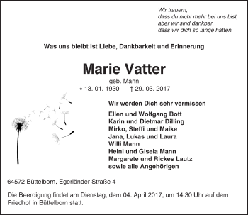 Traueranzeige von Marie Vatter von Trauerportal Echo Online