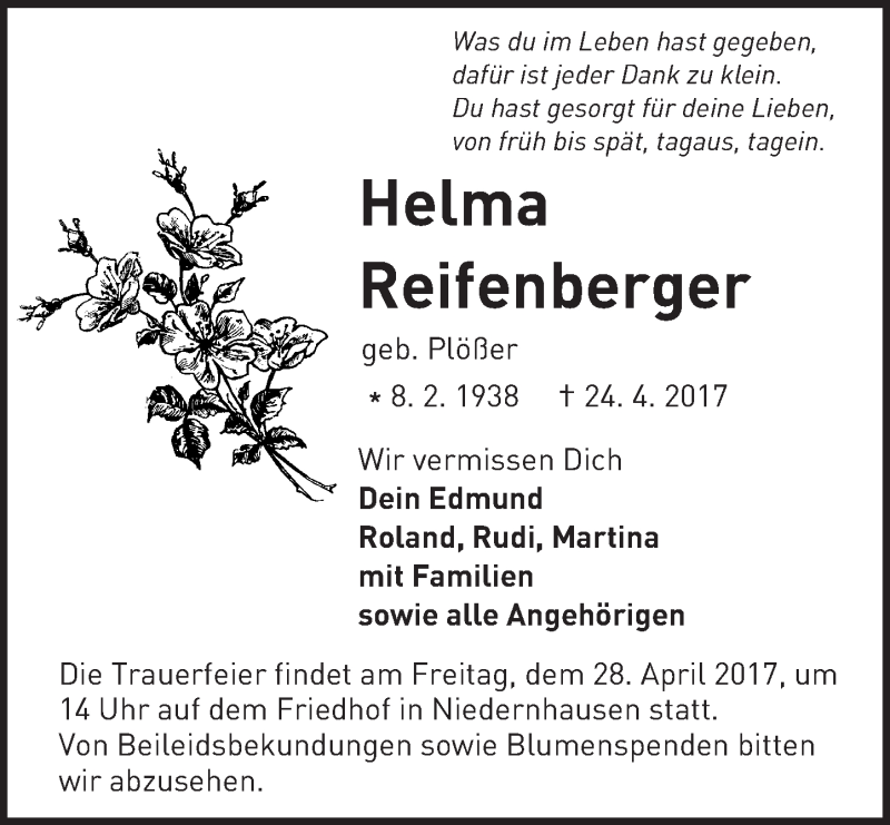  Traueranzeige für Helma Reifenberger vom 27.04.2017 aus Trauerportal Echo Online
