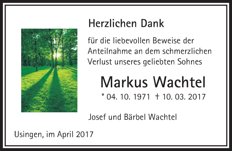  Traueranzeige für Markus Wachtel vom 08.04.2017 aus  Usinger Anzeiger