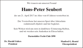 Traueranzeige von Hans-Peter Seubert von Trauerportal Echo Online