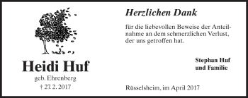 Traueranzeige von Heidi Huf von Trauerportal Rhein Main Presse