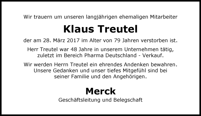  Traueranzeige für Klaus Treutel vom 06.04.2017 aus Trauerportal Echo Online