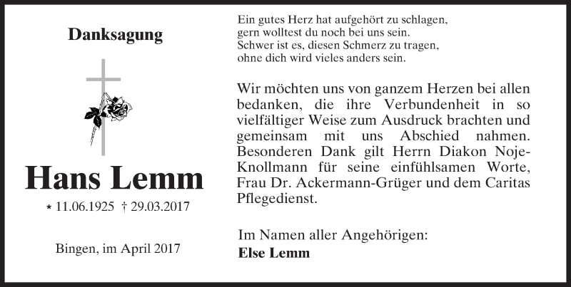  Traueranzeige für Hans Lemm vom 22.04.2017 aus Trauerportal Rhein Main Presse