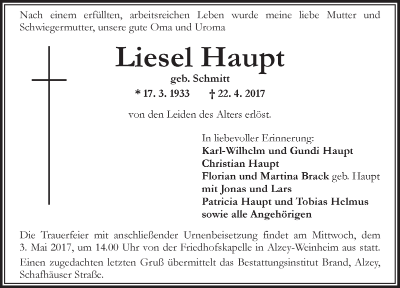  Traueranzeige für Liesel Haupt vom 25.04.2017 aus Trauerportal Rhein Main Presse