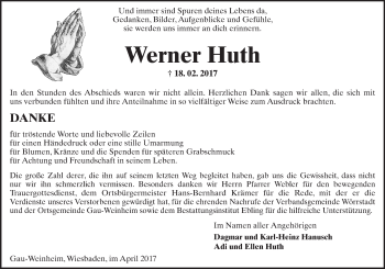 Traueranzeige von Werner Huth von Trauerportal Rhein Main Presse