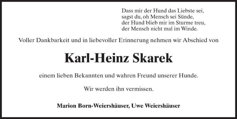  Traueranzeige für Karl-Heinz Skarek vom 01.04.2017 aus Trauerportal Rhein Main Presse