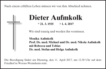 Traueranzeige von Dieter Aufmkolk von Trauerportal Rhein Main Presse