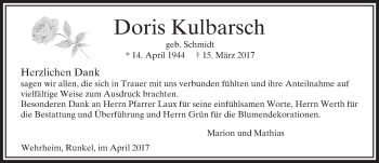 Traueranzeige von Doris Kulbarsch von  Usinger Anzeiger