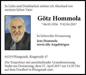 Traueranzeige von Götz Hommola von Trauerportal Echo Online