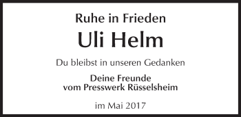 Traueranzeige von Uli Helm von Trauerportal Rhein Main Presse