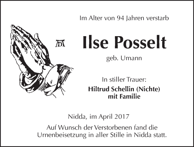  Traueranzeige für Ilse Posselt vom 08.04.2017 aus  Kreisanzeiger
