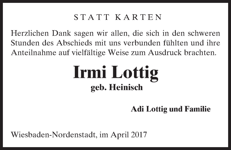 Traueranzeige für Irmi Lottig vom 08.04.2017 aus Trauerportal Rhein Main Presse