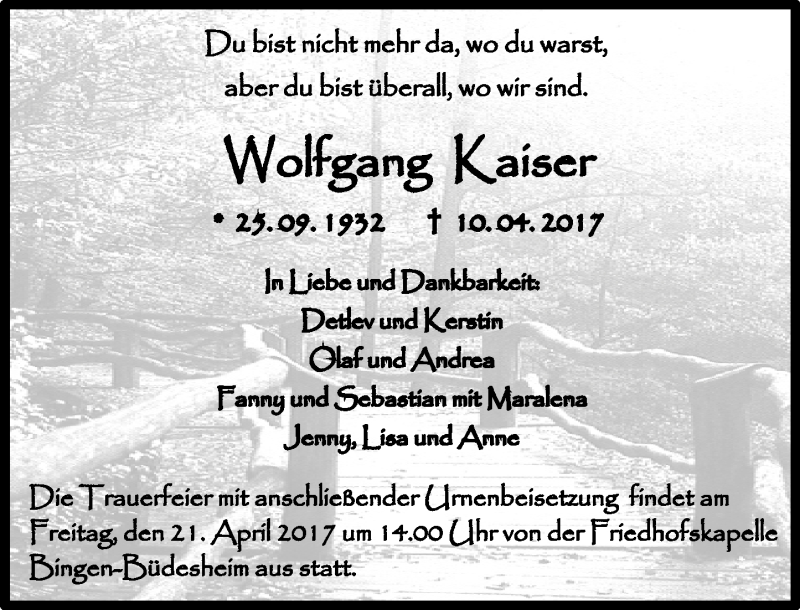  Traueranzeige für Wolfgang Kaiser vom 15.04.2017 aus Trauerportal Rhein Main Presse