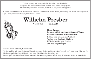 Traueranzeige von Wilhelm Presber von Trauerportal Rhein Main Presse