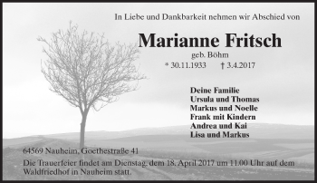 Traueranzeige von Marianne Fritsch von Trauerportal Echo Online