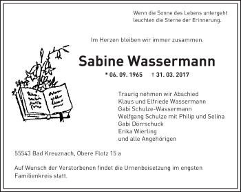 Traueranzeige von Sabine Wassermann von Trauerportal Rhein Main Presse