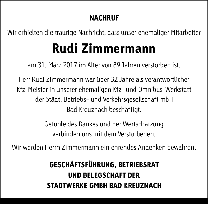  Traueranzeige für Rudi Zimmermann vom 06.04.2017 aus Trauerportal Rhein Main Presse