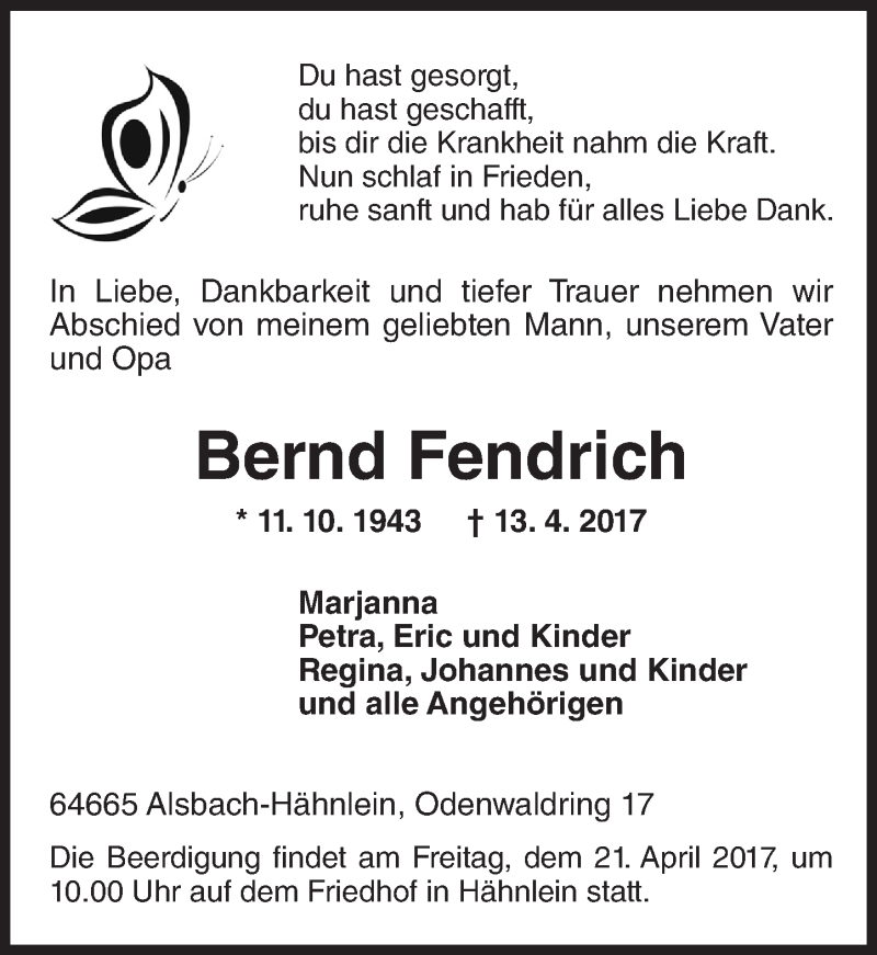  Traueranzeige für Bernd Fendrich vom 19.04.2017 aus Trauerportal Echo Online