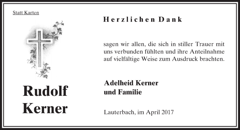  Traueranzeige für Rudolf Kerner vom 22.04.2017 aus VRM Trauer