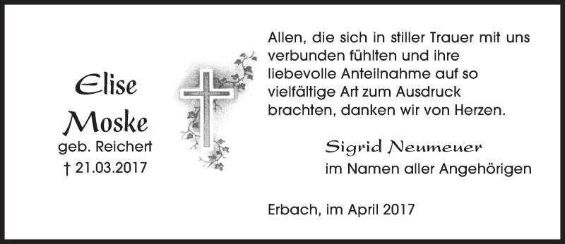  Traueranzeige für Elise Moske vom 08.04.2017 aus Trauerportal Echo Online