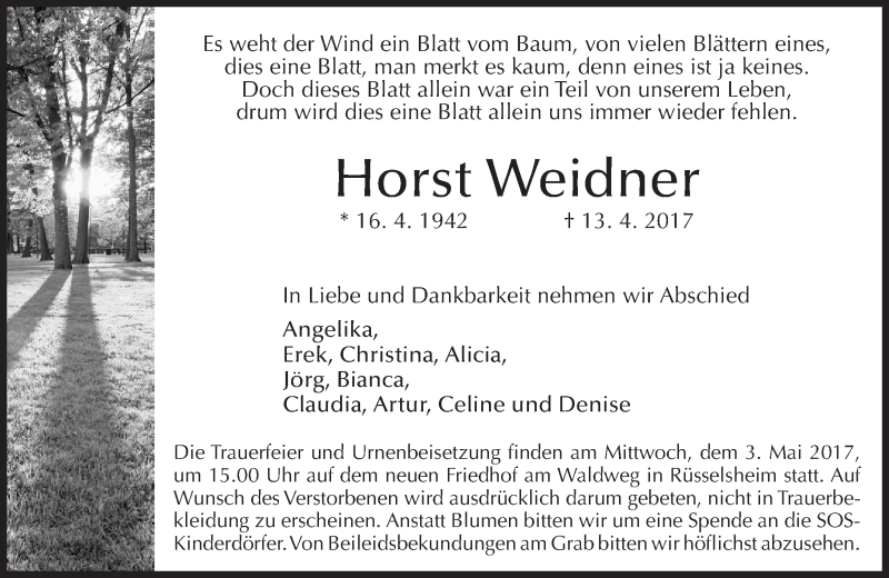  Traueranzeige für Horst Weidner vom 22.04.2017 aus Trauerportal Rhein Main Presse