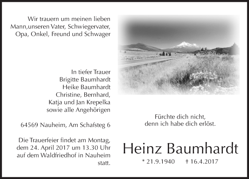  Traueranzeige für Heinz Baumhardt vom 22.04.2017 aus Trauerportal Rhein Main Presse