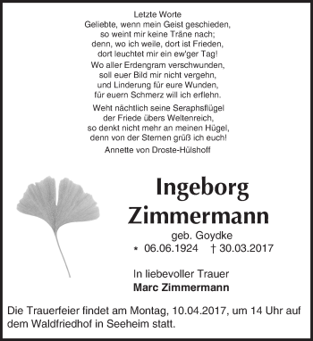 Traueranzeige von Ingeborg Zimmermann von Trauerportal Echo Online