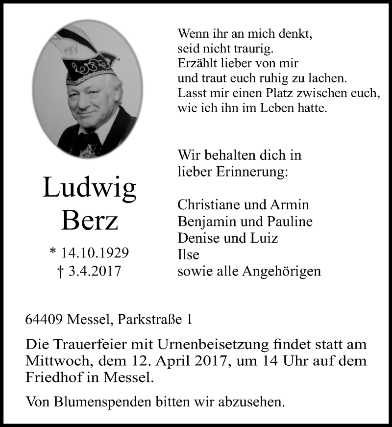  Traueranzeige für Ludwig Berz vom 08.04.2017 aus Trauerportal Echo Online