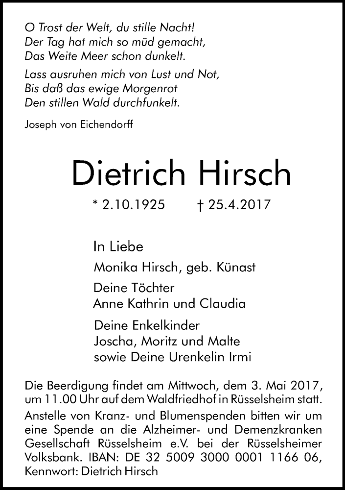  Traueranzeige für Dietrich Hirsch vom 29.04.2017 aus Trauerportal Rhein Main Presse