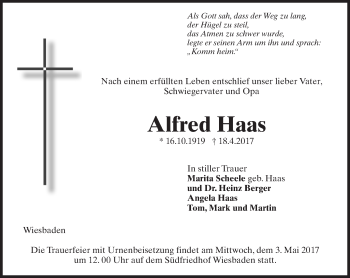 Traueranzeige von Alfred Haas von Trauerportal Rhein Main Presse