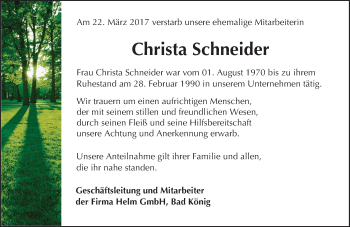 Traueranzeige von Christa Schneider von Trauerportal Echo Online