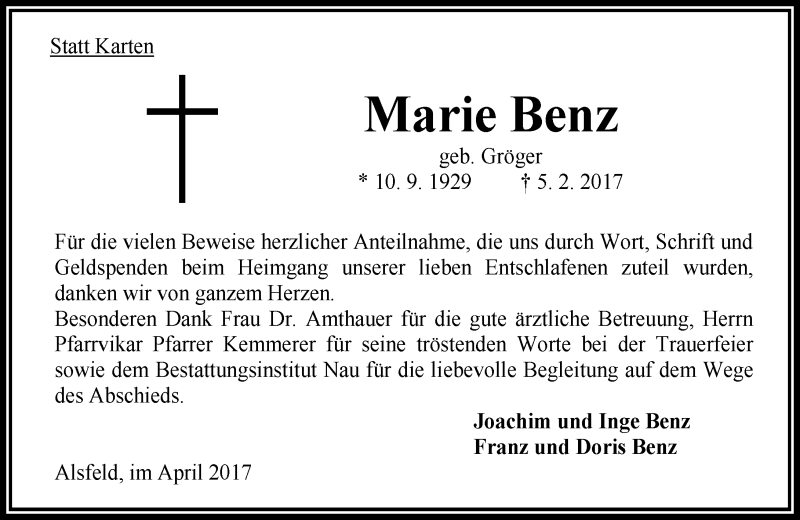  Traueranzeige für Marie Benz vom 01.04.2017 aus VRM Trauer