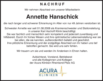 Traueranzeige von Annette Hanschick von Trauerportal Rhein Main Presse