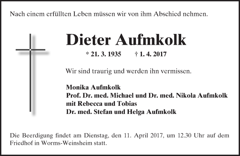  Traueranzeige für Dieter Aufmkolk vom 08.04.2017 aus Trauerportal Rhein Main Presse