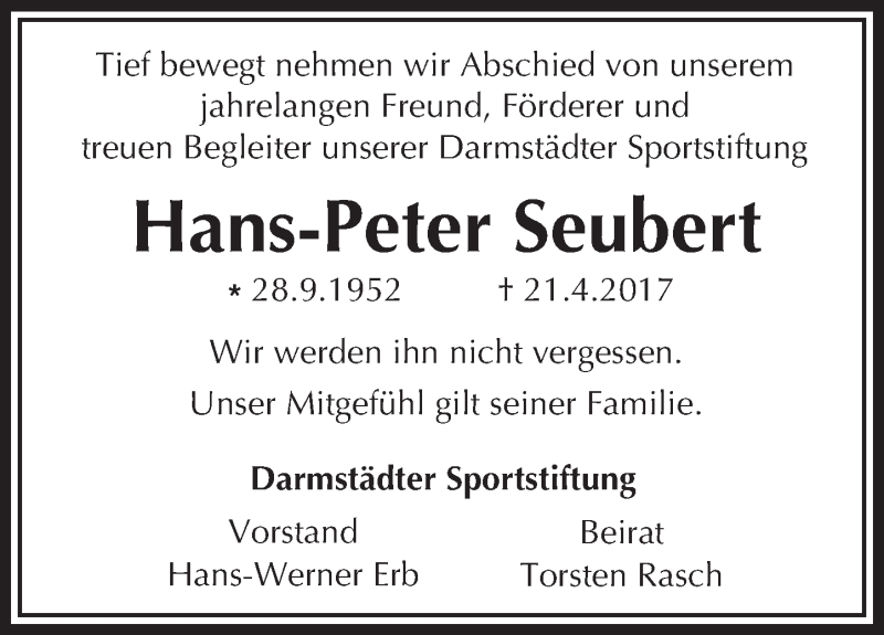  Traueranzeige für Hans-Peter Seubert vom 26.04.2017 aus Trauerportal Echo Online