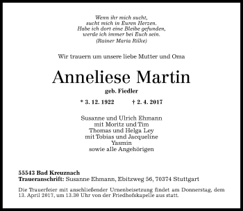 Traueranzeige von Anneliese Martin von Trauerportal Rhein Main Presse