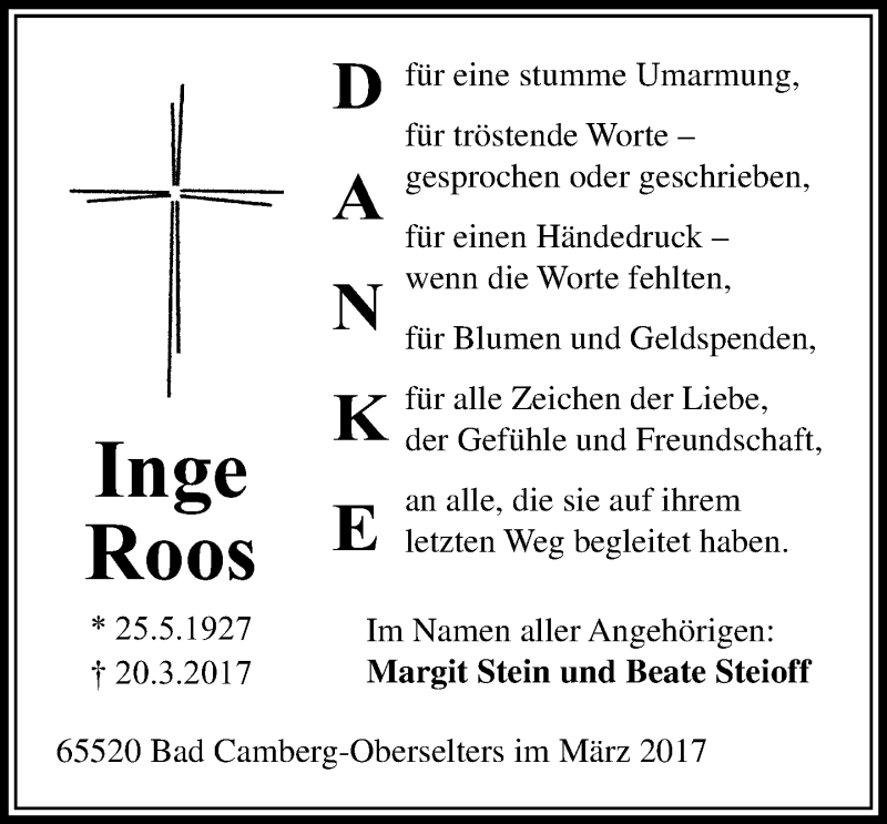  Traueranzeige für Inge Roos vom 20.04.2017 aus  Camberger Anzeiger