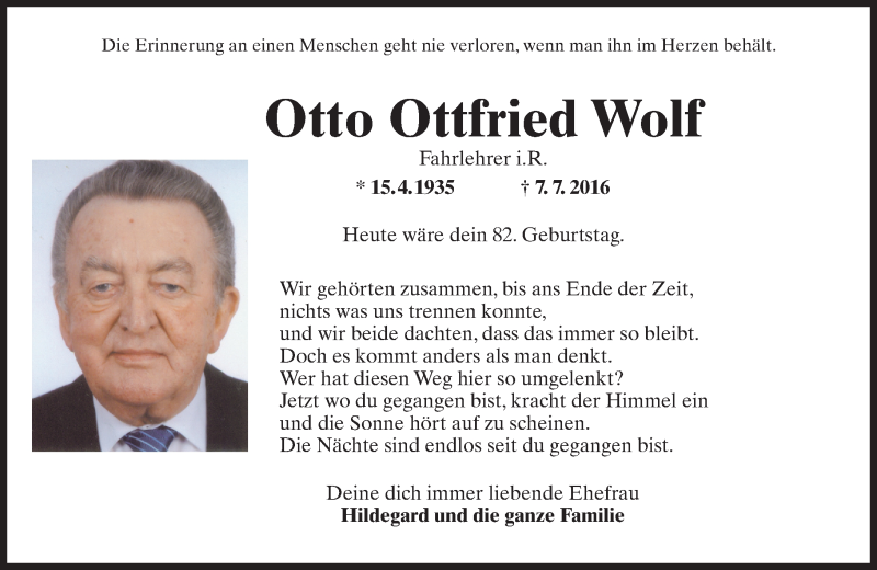  Traueranzeige für Otto Ottfried Wolf vom 15.04.2017 aus Trauerportal Rhein Main Presse