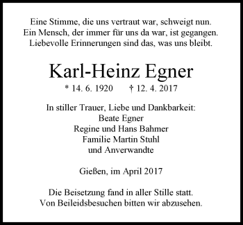 Traueranzeige von Karl-Heinz Egner von  Gießener Anzeiger