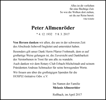 Traueranzeige von Peter Allmenröder von Trauerportal Echo Online