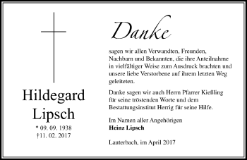 Traueranzeige von Hildegard Lipsch von VRM Trauer