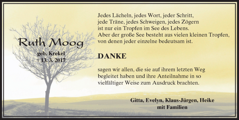  Traueranzeige für Ruth Moog vom 06.04.2017 aus  Camberger Anzeiger